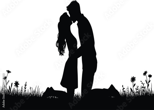 Elegant Black Silhouette Vector of a Man Kneeling and Embracing a Woman in a Wildflower Meadow for Intimate Wedding or Anniversary Design.