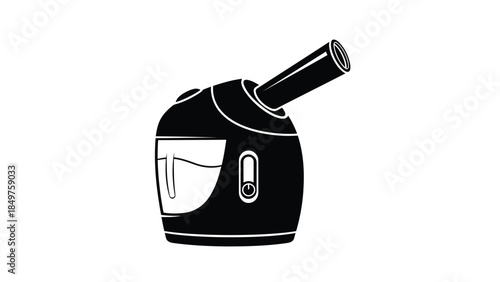 Black silhouette of a futuristic helmet with a scope and pipe, isolated on white background