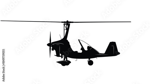 Silhouette of a gyrocopter aircraft in flight against a isolated on white background