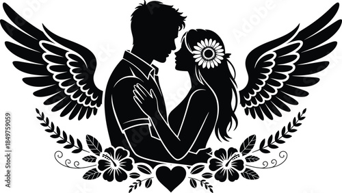 Detailed Black Silhouette Vector of a Romantic Couple Embracing, Flanked by Large Angel Wings and an Ornate Floral Base with Hibiscus Flowers.