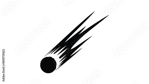 Minimalist black comet silhouette symbol flying through space isolated on white background