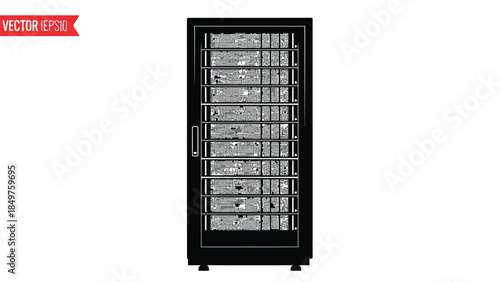 Black wine refrigerator with metal grid doors and shelves flat vector design isolated on white background