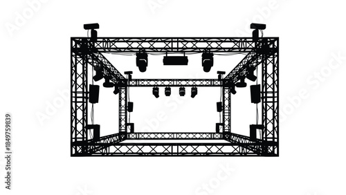 Detailed silhouette of a large stage lighting truss system with multiple lights isolated on white background