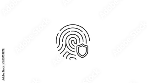 Simple black line icon representing biometric security authentication with a fingerprint and protective shield symbol