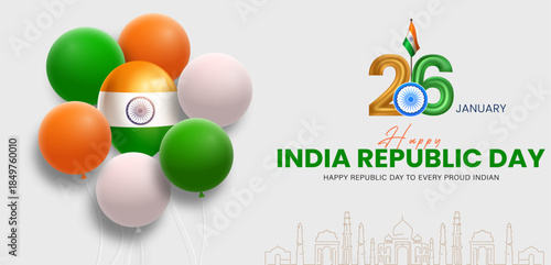 India Republic Day Balloon Banner with Tricolor Balloons and 26 January Typography
