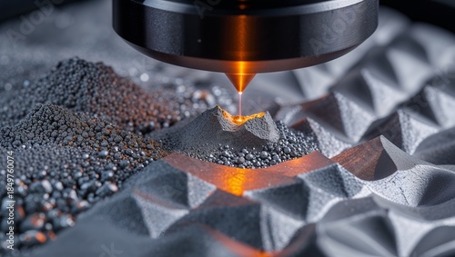 Laser powder bed fusion process with molten metal powder, macro industrial 3D render