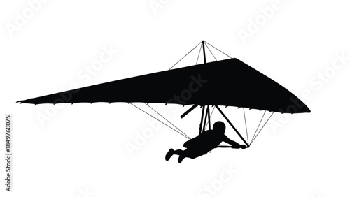 Silhouette of a person flying a hang glider in flight against a isolated on white background