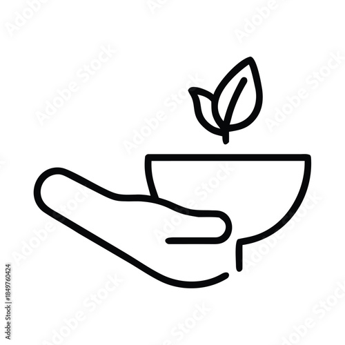 Simple black line icon depicting a nurturing hand carefully holding a small sprouting plant in a bowl