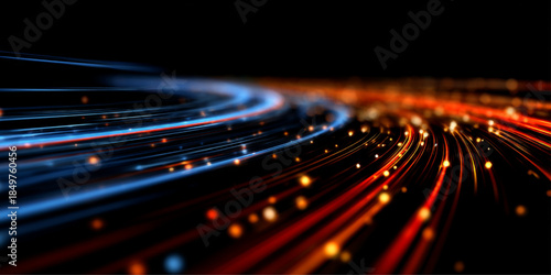 Glowing neon lines, laser streaks swirl above futuristic city road night. Motion, speed, energy, light converge along trails, forming traffic patterns with luminous dynamic lines. Vector illustration.