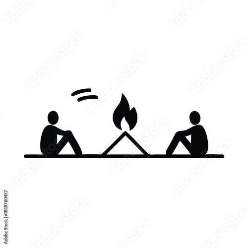 Simple black and white icon depicting two people sitting around a campfire enjoying the outdoors
