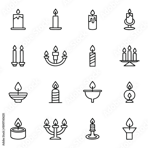 Collection of sixteen black outline icons representing various types of burning candles and oil lamps