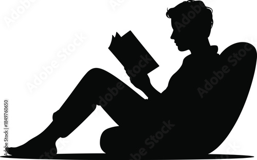 Minimalist Black Silhouette Vector of a Person Seated Comfortably in a Lounge Chair and Engrossed in Reading a Book for Educational or Leisure Content.