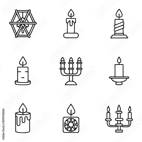 Collection of nine black line art icons representing various candles and candelabras for religious holidays