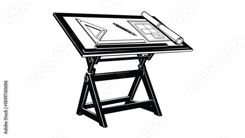 Black and white drafting table with architectural drawing tools flat design isolated on white background
