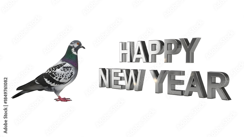 Fototapeta premium Pigeon standing beside bold silver 3d text wishing everyone a happy new year celebration greeting