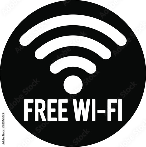 Circular Black and White Vector Sign Featuring a Universal Wireless Signal Icon and Bold "FREE WI-FI" Text for Public Spaces and Businesses.