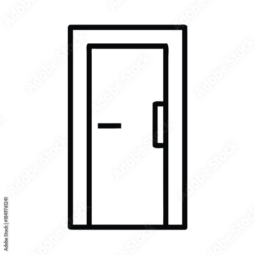 Simple black and white line art icon representing a closed modern interior door with a handle