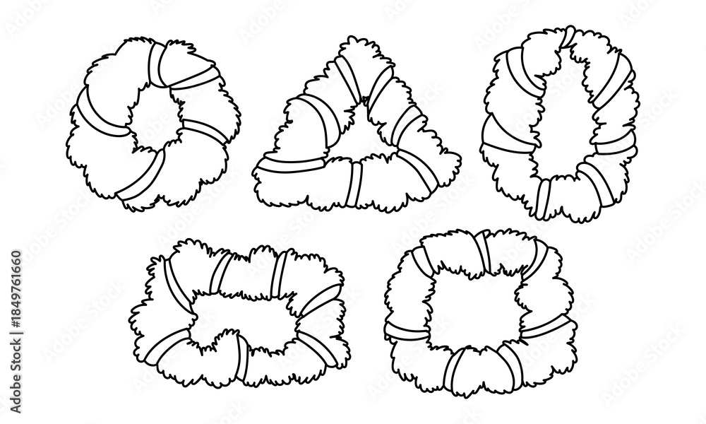 Fototapeta premium A set of doodles featuring various geometric shapes of Christmas wreaths with ribbons. A minimalist outline. A collection of festive decorations, greeting cards, or winter-themed social media posts.