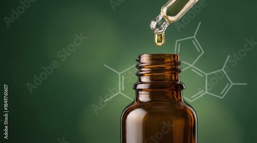 Dropper dispensing serum into amber glass bottle with molecule overlay for R&D.