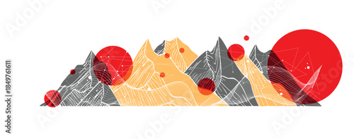 abstract graphic illustration depicting a mountain range with dynamic spheres. a visual metaphor for nature background