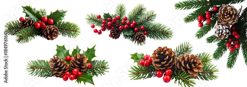 Festive Arrangement of Evergreen Branches, Pinecones, Holly Leaves and Red Berries – Holiday Seasonal Decoration