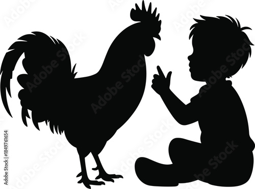 Black Silhouette Vector of a Young Child Sitting and Interacting with a Large Rooster for Farmhouse Storytelling or Children’s Book Illustration.
