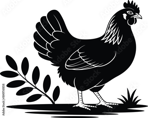 Detailed Black Silhouette Vector of a Hen Standing in a Field with Leaves for Farmhouse, Poultry, or Organic Food Branding Design.