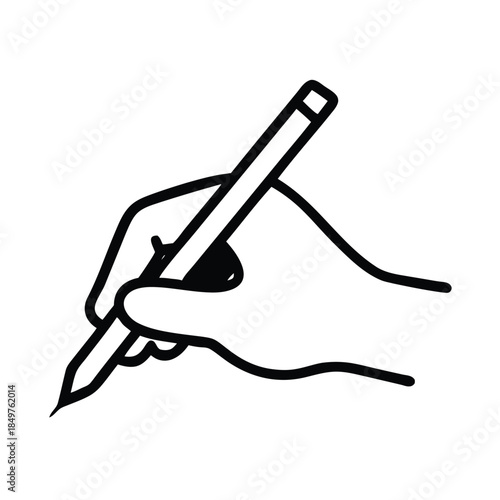 Simple black and white line art icon depicting a hand holding a pen ready to write or sign
