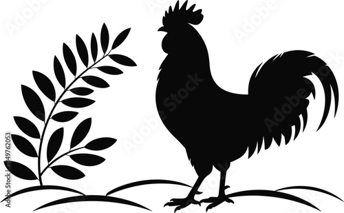 Classic Black Silhouette Vector of a Rooster Standing in a Field Next to Large Leaves for Rustic Farmhouse or Poultry Branding.