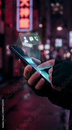 Person using smartphone with holographic email interface in city at night