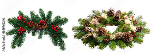 Festive Circular Greenery with Pine Cones, Red Berries and White Floral Accents – Lush Fir Branch Holiday Decor