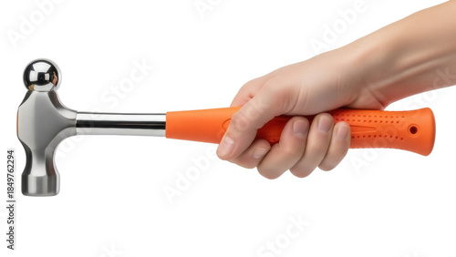 Tableau sur toile Isolated ball-peen hammer being held by hand, orange grip, metal tool, hammering
