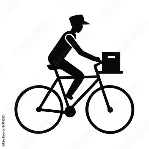Simple black silhouette icon of a delivery person riding a bicycle with a package on the front rack
