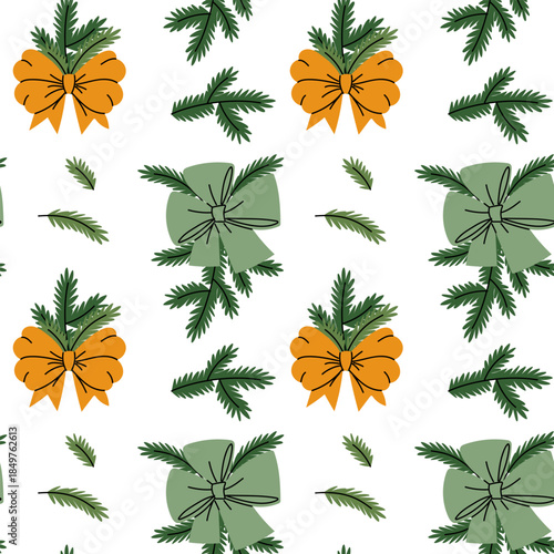 Seamless pattern with flat orange and mint green bows and fir tree branches. Modern festive texture for Christmas gift wrapping paper, winter textiles, or seasonal digital backgrounds.