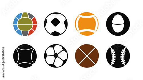 Flat design sports ball icon set eight silhouettes including soccer american football basketball tennis baseball volleyball cricket isolated on white background close up minimal vector art .icon