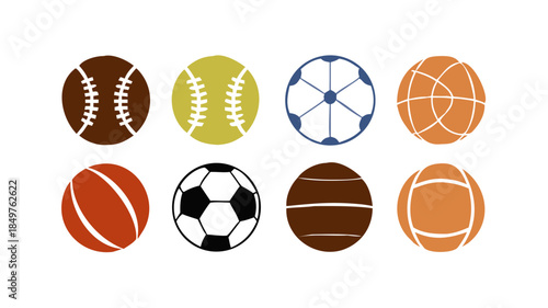 Flat design sports ball icon set eight silhouettes including soccer american football basketball tennis baseball volleyball cricket isolated on white background close up minimal vector art .icon