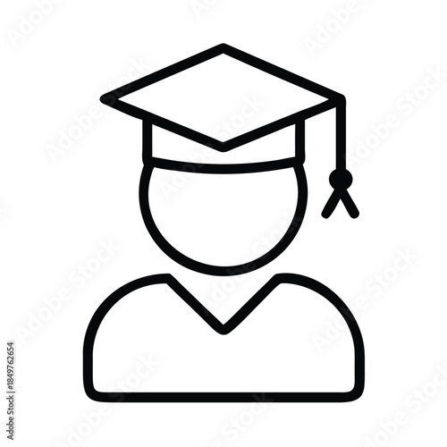 Simple black outline icon representing a graduate student or scholar wearing an academic mortarboard cap