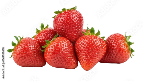 Isolated pile of fresh red strawberries, ripe fruit with green leaves, healthy summer snack
