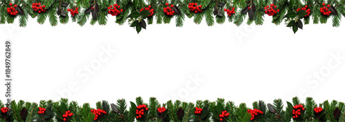 Festive Frame with Evergreen Boughs, Bright Red Berries and Dark Green Leaves – Transparent Background Illustration