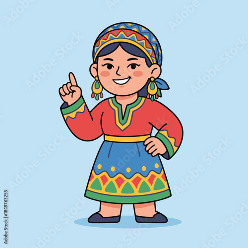 Cute Cartoon Girl in Traditional Uzbek Dress Pointing Up.