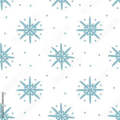 Seamless pattern with flat blue sharp snowflakes and snow dots. Minimalist winter design for wrapping paper, Christmas gifts, seasonal textile prints, or festive digital backgrounds