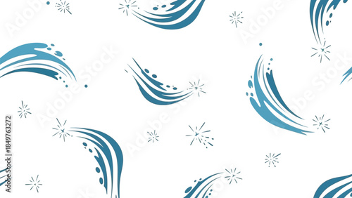 Seamless repeating pattern featuring stylized blue water splashes and sparkling star bursts on a clean white background for textile design
