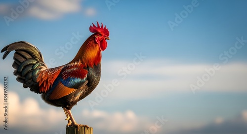 Vibrant French Gallic rooster standing proudly on a rustic post against a clear blue sky for a Bastille Day celebration concept and national pride