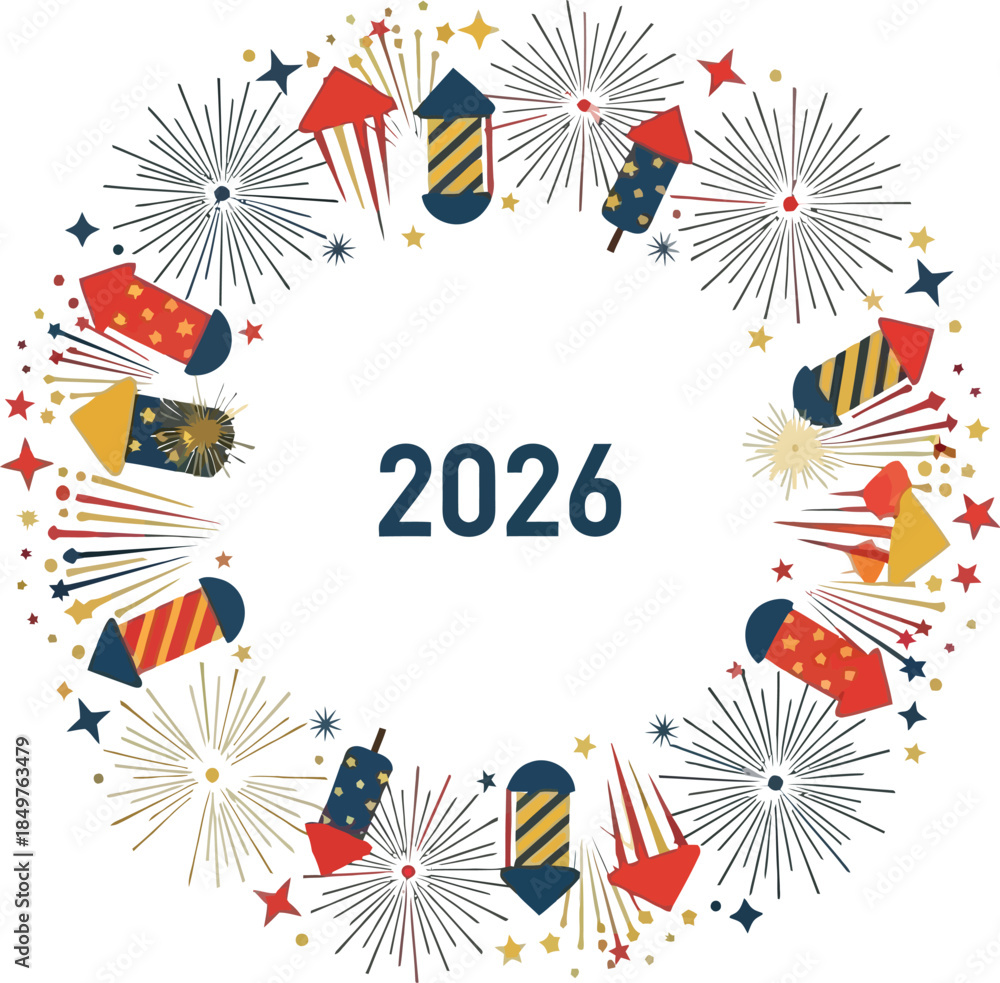 Obraz premium Festive graphic design featuring colorful fireworks rockets and stars encircling the year 2026 for a celebratory announcement or greeting card
