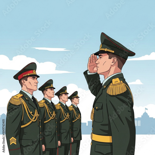 Military Salute: A line of uniformed soldiers salutes with a disciplined display of respect, their figures silhouetted against a backdrop of a clear sky, embodying patriotism, honor, and duty.