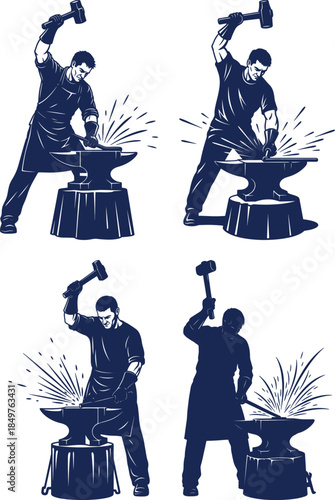 Blacksmith Metalworker Hammering Hot Iron on Anvil Vector Illustration Set
