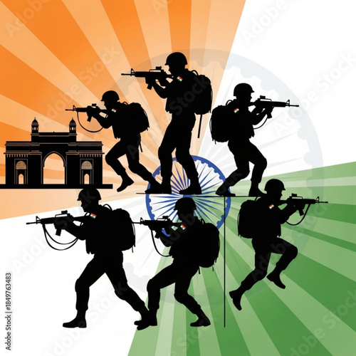 Guardians of the Nation: Silhouette soldiers, armed and resolute, stand as sentinels against a backdrop of national pride, symbolizing valor, duty, and unwavering protection.