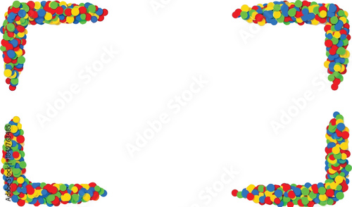 Colorful confetti border frame made of red blue yellow and green circles creating a festive corner design element on white background