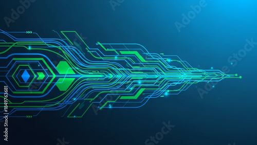 Glowing blue and green neon circuit board design with hexagonal patterns and futuristic technology elements on dark background
