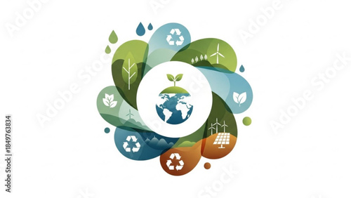 Earth surrounded by eco friendly symbols like recycling logos, solar panels, and wind turbines in a colorful circular pattern representing environmental conservation